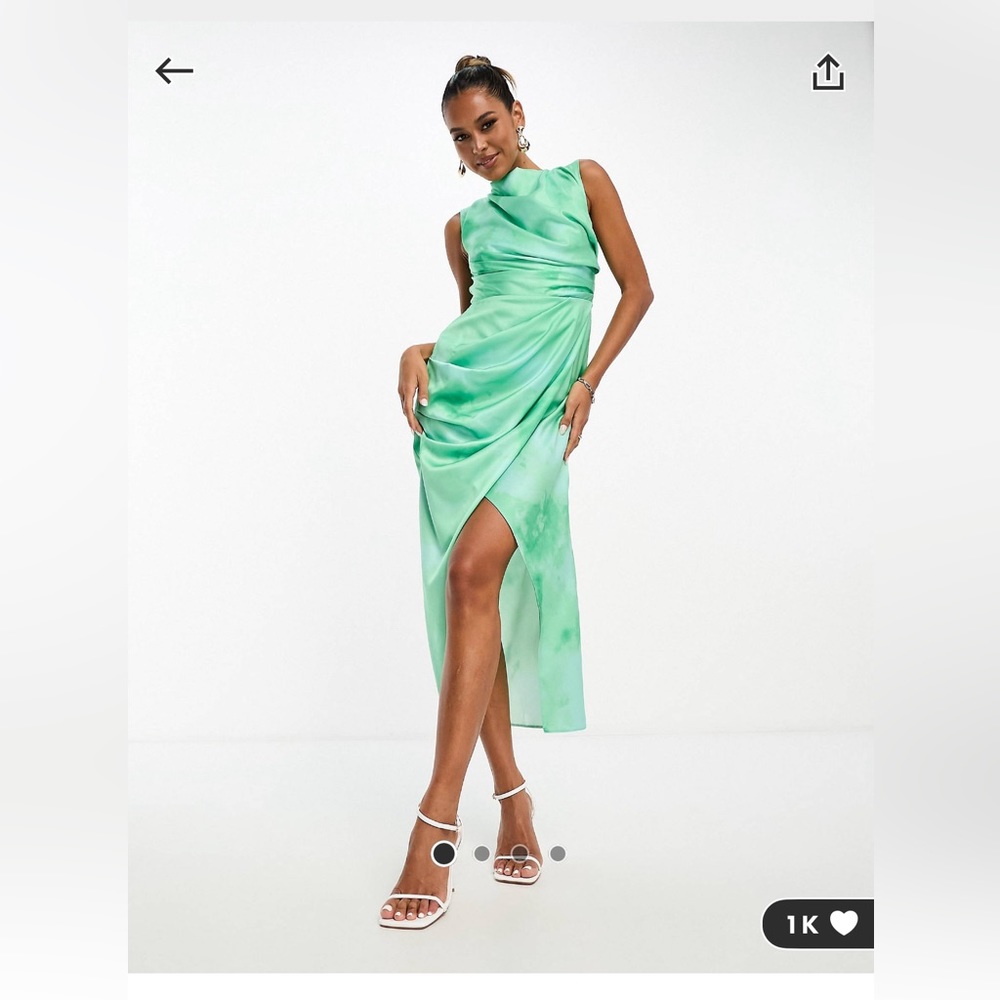 ASOS satin drape midi dress in green watercolor print.